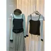 Coreano Dongdaemun Principios de Otoño Nuevo Estilo Estilo Coreano Corte Ajustado Bloque de Color Falso Dos Piezas Patchwork Hombro Descubierto Manga Larga Camiseta Top Mujer Tendencia