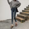810 Foto não real outono e inverno Novos Jeans de Cintura Alta calça feminina curta barra justa outono e inverno calça lápis justa