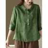 Camisetas de Verano de Nuevo Estilo con Cuello Polo de Algodón y Lino de Manga Corta, Camisetas Casuales Sueltas Retro Artísticas con Media Botonadura de Manga Media para Mujer