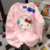 Sudadera Redonda de Cuello Redondo para Mujer, Estilo Americano Lindo Hello Kitty Perezoso, Otoño e Invierno 2025, Tie-Dye Rosa, Top de Pareja