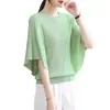 Tops de Tricô de Seda Gelada que Cobrem a Barriga para Mulheres 2025 Novo Estilo de Verão Redutores de Idade Camisetas de Manga Curta para Mães de Meia-Idade