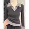 Camiseta de Manga Larga con Bloques de Color Falso Dos Piezas para Mujer, Tallas Grandes, Nuevo Estilo Otoño Temprano 2025, Camiseta Base de Punto Patchwork, Top con Cuello Polo