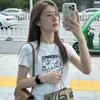 Camiseta Blanca de Verano para Mujer, Manga Corta, Hombro Caído, Estampado Refrescante, Algodón Puro, Casual Diario, Delgado, Manga Media