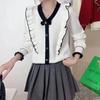 Tejido de Punto de Color Contrastante con Borde de Hongo y Lazo para Mujer, Ropa de Otoño e Invierno, Nuevo Top Interior Elegante y Rejuvenecedor de Manga Larga para la Nueva Era 2025