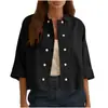 2026 Transfronterizo Amazon Color Sólido Algodón y Lino Doble Botonadura Medio Corto Manga Media Cárdigan Camisa Top para Mujer
