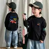 Camiseta de manga larga 100% algodón para niños, cuello redondo, corte holgado, camiseta básica elegante, estilo nuevo, versátil para primavera y otoño, camiseta de cuello redondo