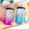 Taza mason de vidrio con asa de color degradado de moda, taza con pipeta de vidrio sellada, taza para jugo y bebidas, taza para estudiantes