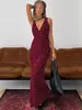 2026 Nuevo Vestido Largo de Verano Sexy Estilo Europeo y Americano, Cuello en V, Lunares, Corte Ajustado, Estilo Vacacional Transfronterizo