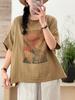 Verano Nuevo Jersey de Cuello Redondo de Manga Corta de Doble Capa de Hilo de Algodón Estampado Camiseta de Mujer Look Adelgazante Holgado Versátil Top Casual