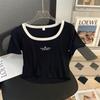 Camiseta de manga corta con cuello cuadrado para mujer, estilo Spice Girls, de verano, ajustada, adelgazante, con cuello de espiga, de algodón puro con hombros descubiertos.