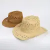 Sombrero de vaquero de paja natural tejido a mano, transpirable, con diseño calado para playa en verano, sombrero de jazz de ala ancha estilo americano europeo y americano