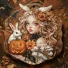 Placa de madeira de coelhinha retrô de Halloween transfronteiriça placa de porta decorativa de abóbora e morcego estilo pastoral americano artesanato