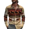 Camisa Estampada Masculina Retrô Boêmia Primavera Manga Longa Lapela 2025 Verão Tecido Leve Moda