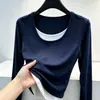 Camiseta feminina de algodão de bambu para outono, corte slim, color block, falsa peça dupla, manga longa, top simples casual moderno