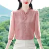 Camisa de Seda de Alta Qualidade para Mulheres, Mangas Três Quartos, Novo Estilo de Verão, Borda Franzida, Blusa Elegante Estampada, Top de Seda de Amora