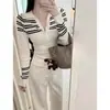 Camisa Henley de rayas de color contrastante con cuello camisero para mujer, estilo otoño e invierno, elegante capa interior de punto, corte ajustado, top de cuello en V