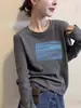 Camiseta de manga larga acanalada de algodón puro azul marino, nuevo estilo 2026, top elegante para mujer de principios de otoño, extremadamente atractivo