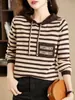 Suéter de Tricô Listrado com Capuz Estilo Coreano Tendência Primavera e Outono 2026 Manga Longa Feminino Camada Base Top de Outono