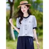 Camisa Color-Blocking de Manga Curta com Gola Redonda 2026 Listrada Verão Nova Moda Solta Jovem Versátil Top Blusa Camisa