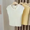 Camiseta de Manga Curta para Mulheres, Estilo Fino, Novo Design de Verão, Design Vazado, Gola Redonda, Top sem Manga, Tricô de Seda Gelada