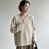 Suéter de punto de algodón con patrón de rombos calado, cuello Henley medio abotonado, de manga larga, corte holgado, para primavera/otoño, jersey base vintage para mujer