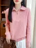 Suéter de malha feminino para outono e inverno, grosso, com gola de 10 costelas, cordão de fio duplo e design solto de comprimento médio