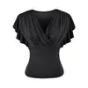 Camiseta de manga acampanada ajustada con cuello cruzado en V, cintura ceñida, dulce y sexy, estilo de celebridad de internet puro y seductor, top corto con bordes plisados para mujer