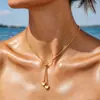 Colar Cruzado de Aço Titânio com Caixa Quadrada, Corrente Fina, Corações Duplos, Ajustável, À Prova d'Água, Corrente de Clavícula Feminina para Férias na Praia