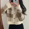 Estilo Coreano Otoño e Invierno Nuevo Suave Dulce y Picante Sentido del Diseño Cuadros Manga Larga Cardigan Tejido Cintura Ceñida Abrigo Suéter Versátil para Mujer