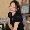 Camiseta Feminina Coreana Dongdaemun de Tricô com Patchwork de Renda Slim Fit Manga Curta para Comércio Exterior