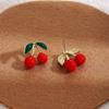 Pendientes Pequeños Dulces Lindos de Aguja de Plata Pendientes de Cereza de Fruta Roja Exquisitos Pequeños Frescos Versátiles Pendientes de Moda