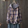 Camisa Xadrez de Algodão Duplo com Capuz Estilo Japonês de Primavera Tamanho Grande Estilo Literário Retrô Casual Jaqueta Cardigã