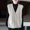 Cárdigan de Punto Trenzado Vintage 100% Lana Pura para Mujer, Cuello en V, Sin Mangas, Chaleco de Punto, Abrigo Suéter Cálido