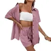Punto Cruzado Aliexpress Moda Pantalones Cortos Traje de Camisa de Color Puro de Dos Piezas para Mujer Casual Holgado de Manga Corta Fila Única