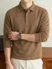 Camisa polo de manga comprida estilo Old Money, casual masculina, leve, base lisa de cor sólida, peça íntima de inverno, com mistura de lã e gola alta