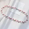 Colar, Corrente para Clavícula e Conjunto de Pulseira com Design Color-Blocking de Concha de Cristal Rosa Natural e Ágata Vermelha