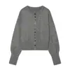 Cardigan de Punto Corto Color Sólido Gris Cáñamo de Nuevo Estilo Primavera y Otoño para Mujer Cuello Redondo Multi-Botón Adelgazante Manga Larga