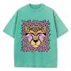 Camisetas Vintage Femininas Lavagem Ácida Estampa de Leopardo Desenhos Animados