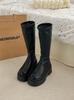 Botas Elásticas Ajustadas de Suela Gruesa para Mujer Estilo Coreano Otoño e Invierno 2024, Superficie Suave, Suela de Plataforma, Punta Redonda, Tacón Medio