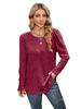 2025 Cross-Border Nova Roupa Feminina Feminino Gola Redonda Manga Bufante Costela Escovada Cor Sólida Blusa Camiseta de Manga Longa