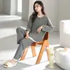Pijama de manga larga y pantalón largo para mujer, modal, cuello redondo, sin cierre, color liso, estilo primavera y otoño, dulce y lindo, se puede usar para salir, conjunto de ropa para el hogar
