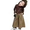 Conjunto Feminino Estilo Outono 2026 Novo Infantil Macio Cor Café Listrado Manga Longa Top Calça Wide Leg Bebê Conjunto de Duas Peças