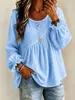 2026 Nueva Camisa Top de Color Sólido con Cuello Redondo y Mangas Largas Fruncidas para Mujer, Estilo Europeo y Americano Transfronterizo, Casual Versátil de Corte Holgado