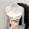 Elegante capa base de terciopelo con pliegues, corte ajustado y teñido tie-dye para mujer, con cuello semi alto, perfecta para otoño e invierno, una camiseta de manga larga de corte ajustado