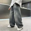 Calça Jeans Lavada Rasgada de Outono para Meninos Crianças Médias e Grandes Calça Larga Solta Tendência Jeans Reto Longo para Crianças