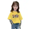 Nova Camiseta Top de Manga Longa Color Block de Algodão Puro para Primavera e Outono para Meninos e Meninas, Camiseta Base Estilosa Falsa de Duas Peças