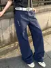 Pantalones de trabajo vintage estilo francés con bordado de espada azul, temporada de primavera y otoño, pantalones de trabajo casuales holgados de pierna ancha