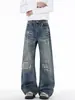 Jeans para hombre con parches desgastados y rotos falsos, estilo retro de la alta calle americana, corte holgado con diseño de orejas de gato, pantalones de pierna ancha