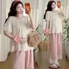 Conjunto de Dos Piezas para Mamás Embarazadas 2026 Nuevo Estilo Coreano de Verano Camisa Babydoll Holgada de Encaje Francés + Pantalones de Pierna Ancha con Retazos de Encaje