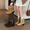 Botines de Gamuza de Vaca Estilo Relajado Melanoides 2026 Tacón Medio Grueso Punta Redonda Hebilla Plisados Piel Genuina Tobillo 41